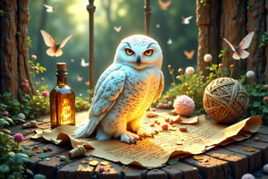 ((ultra realistic photo)), artistic sketch art, Make a little pencil sketch of a cute  snow owl From Harry Potter sitting on an old TORN EDGE paper , art, textures, pure perfection, high definition, feathers around, TINY DELICATE FLOWERS, ball of yarn, cushion, pillow on the paper, wild berries, detailed calligraphy texts, TINY delicate drawings, tiny delicate signature .The bottle’s glow casts a magical aura over the scene, creating an atmosphere of forgotten spells, ancient magic, and hidden secrets. fireflies around the bottle. The bottle labelled with the text "save the planet"! SOME Tiny, vibrant flower and moss encircle the letter. The overall scene is tranquil yet mystical, with nature reclaiming the old magical relic. The overall scene is whimsical, serene, and full of enchantment.