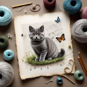 ((ultra realistic photo)), artistic sketch art, Make a little pencil sketch of a cute TINY BRITISH shorthaired CAT on an old TORN EDGE paper , art, textures, pure perfection, high definition, feather around, TINY DELICATE FLOWERS, ball of yarn, cushion, grass fiber on the paper,tiny yarn fibers, Sunbeam, butterfly, tiny cat toys, detailed calligraphy texts, tiny delicate drawings