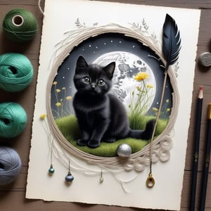 ((ultra realistic photo)), artistic sketch art, Make a little pencil sketch of a TINY BLACK CAT on an old TORN EDGE paper , art, textures, pure perfection, high definition, feather around, DELICATE FLOWERS, ball of yarn, SILVER COIN, grass fiber on the paper, LITTLE MOON, MOONLIGHT, TINY MUSHROOM, SPIDERWEB, GEM, MOSS FIBER , TINY BROOM, DELICATE CELTIC ORNAMENT, BUNCH OF KEYS, detailed calligraphy text, tiny delicate drawings,BookScenic,Comic Book-Style 2d