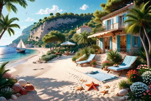 A serene NIzza beach scene unfolds before us. Little apartman house with terrace. Soft white sand stretches beneath the gentle sway of trees, while a family plays and laughs together and sunbathe. In the distance, a majestic sailing ship glides across the calm sea, its sails billowing in the breeze. Blankets scatter the shore, topped with tiny treasures: delicate sea-shells and starfish. The highly detailed landscape, reminiscent of Jean-Jacques Sempé's whimsical illustrations from Petit Nicolas, comes to life in PASTEL SHADES.,3dmdt1,3D