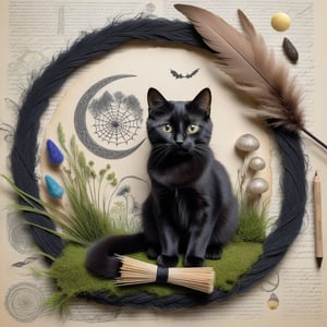 ((ultra realistic photo)), artistic sketch art, Make a little pencil sketch of a cute BLACK CAT on an old TORN EDGE paper , art, textures, pure perfection, high definition, feather around, DELICATE FLOWERS, ball of yarn, TALISMAN, grass fiber on the paper, LITTLE MOON, MOONLIGHT, TINY MUSHROOM, SPIDERWEB, BROOM, MOSS FIBER ,DELICATE CELTIC ORNAMENT, BUNCH OF KEYS, detailed calligraphy text, tiny delicate drawings
