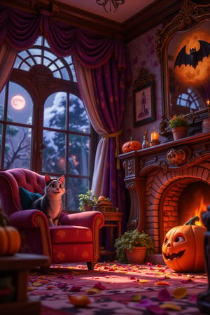 
A close-up picture of a cozy corner of a shabby-style magical living room, the living room every detail is decked out for Halloween night, features a large armchair next to a warm fireplace, a Halloween jack-o'-lantern next to the fireplace . A happy Cheshire cat sits in the chair. The room sparkles with Halloween decorations, and moonlight filters through the window, with the moon appearing from behind the snow clouds. A sleeping bat hangs from the mantelpiece, adding a playful Halloween charm to the warm, lighthearted atmosphere.