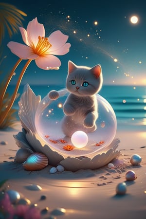 we see the DETAILED enchanted lovely terrace on the beach with great view to the sea night time, DETAILED ELEGANT BRITISH SHORTHAIR kitten playing with a ball on the beach next to an enchanted flower and a magical opened shell with pearl inside, airborne dust particles around. Modifiers: Unreal Engine, magical, Coby Whitmore, midjourney, Astounding, outstanding, otherwordliness, cute illustration, cuteaesthetic, Coby Whitmore style, highly intricate, whimsical, 4K 3D, stunning color depth, cute illustration, Coby Whitmore ART style