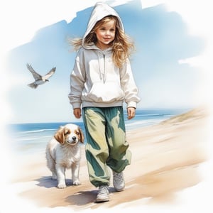 long haired CUTE 9 year old BLUE EYED girl (wearing a white, baggy hooded sweatshirt and baggy trouser) walking in the spring time beach with a cute puppy, little birds on the sky. Modifiers: Bob peak ART STYLE, Coby Whitmore ART style, George Booth ART STYLE, fashion magazine illustration