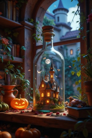 Moonlight filters through the air, illuminating a fireplace shelf covered in dusty books. The dust particles shimmer in the light, adding a magical glow to the scene. In the middle of the shelf, a small bottle reveals a miniature world: a little castle with softly glowing windows, sitting on a green lawn. A pumpkin lantern rests on the steps, and the moon rises above the castle. and a transparent little spirit float, swings inside the bottle, completing the whimsical, enchanted scene.
