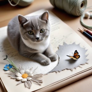((ultra realistic photo)), artistic sketch art, Make a little pencil sketch of a cute TINY BRITISH shorthaired CAT on an old TORN EDGE paper , art, textures, pure perfection, high definition, feather around, TINY DELICATE FLOWERS, ball of yarn, cushion, grass fiber on the paper,tiny yarn fibers, Sun beam, butterfly, tiny bug, tiny cat toys, detailed calligraphy texts, tiny delicate drawings