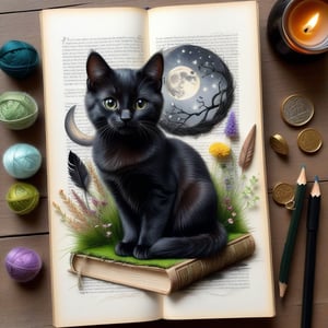 ((ultra realistic photo)), artistic sketch art, Make a little pencil sketch of a CUTE BLACK CAT on an old TORN EDGE BOOK PAGE , art, textures, pure perfection, high definition, feather around, DELICATE FLOWERS, ball of yarn, SHINY COIN, grass fiber on the paper, LITTLE MOON, MOONLIGHT, TINY MUSHROOM, SPIDERWEB, GEM, MOSS FIBER, TEA LEAF , TEALIGHT, DELICATE CELTIC ORNAMENT, BUNCH OF KEYS, detailed calligraphy text, tiny delicate drawings,BookScenic