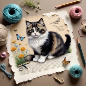 ((ultra realistic photo)), artistic sketch art, Make a little pencil sketch of a cute TINY FLUFFY CAT on an old TORN EDGE paper , art, textures, pure perfection, high definition, feather around, TINY DELICATE FLOWERS, ball of yarn, cushion, grass fiber on the paper,tiny yarn fibers, Sunbeam, butterfly, tiny cat toys, detailed calligraphy texts, tiny delicate drawings