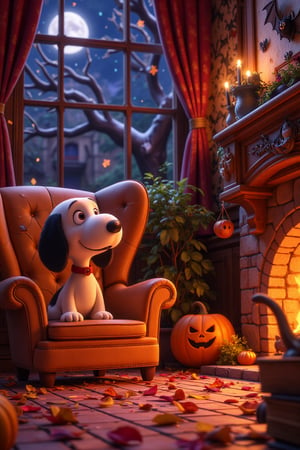 
A close-up picture of a cozy corner of a shabby-style magical living room, the living room every detail is decked out for Halloween night, features a large armchair next to a warm fireplace, a Halloween jack-o'-lantern next to the fireplace . Snoopy and his little friend fluffy Woodstock bird sits in the chair. The room sparkles with Halloween decorations, and moonlight filters through the window, with the moon appearing from behind the snow clouds. A sleeping bat hangs from the mantelpiece, adding a playful Halloween charm to the warm, lighthearted atmosphere.