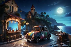 Old village on the sea night time, nice view, an old vintage car on the road, a little coffee shop, Jean-Baptiste Monge, Kukharskiy Igor, Thomas wells schaller style, ghostly, Nizza, summer,island,DonM3lv3nM4g1cXL,stworki,style,Apoloniasxmasbox,DonMD0n7P4n1cXL,colorful,skull,clay,kid_backdrop,nodf_xl,3D,real_booster,cute cartoon ,anitoon style