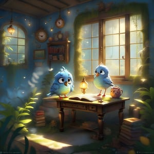 we see the DETAILED enchanted little lovely living room, DETAILED ENCHANTED little desk with a reading lamp, fluffy tiny FUNNY BIRD sits on the reading lamp near the window,  airborne dust particles around. Modifiers: Unreal Engine, magical, Pino Daeni, midjourney, Astounding, outstanding, otherwordliness, cute illustration, cuteaesthetic, Boris Vallejo style, highly intricate, whimsical, 4K 3D, stunning color depth, cute illustration, 