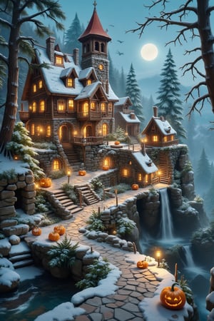 An anchient detailed shabby enchanted beautiful village on a hill that trapped inside a bottle that rests on the snowy winter time pinebranchl ,  little  stream running across the village, little Halloween decorated little street runing up in the village.  fantasy, magical, neat illustration, UHD. Modifiers:Pino Daeni etheral otherwordliness LEONARDO DIFFUSION XL STYLE, crisp quality.. The atmosphere is filled with laughter and lighthearted Halloween spirit.