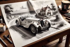  ((ultra ARTISTIC sketch)), (artistic sketch art), Make a 3d DETAILED old torn edge paper on the desk, a detailed Sketch on the paper about an Old village on the sea night time, nice view, a vintage Bugatti  T35 typ car on the road, a little coffee shop, Jean-Baptiste Monge, Kukharskiy Igor, Thomas wells schaller style, ghostly,scenery, Nazar Noschenko