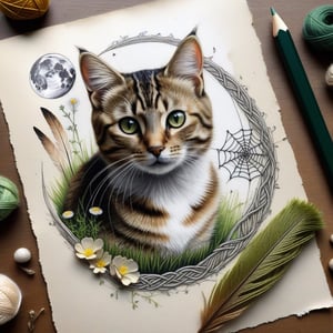 ((ultra realistic photo)), artistic sketch art, Make a little pencil sketch of a TABBY CAT on an old TORN EDGE paper , art, textures, pure perfection, high definition, feather around, DELICATE FLOWERS, ball of yarn, TALISMAN, grass fiber on the paper, LITTLE MOON, MOONLIGHT, TINY MUSHROOM, SPIDERWEB, GEM, MOSS FIBER ,DELICATE CELTIC ORNAMENT, BUNCH OF KEYS, detailed calligraphy text, tiny delicate drawings