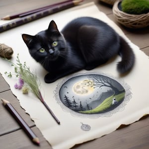 ((ultra realistic photo)), artistic sketch art, Make a little pencil sketch of a cute BLACK CAT on an old TORN EDGE paper , art, textures, pure perfection, high definition, feather around, DELICATE FLOWERS, ball of yarn, TALISMAN, grass fiber on the paper,LITTLE MOON, MOONLIGHT, DELICATE MUSHROOM, KEY, BROOM, MOSS FIBER ,DELICATE CELTIC ORNAMENT, detailed calligraphy text, tiny delicate drawings