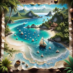 ((ultra ARTISTIC sketch)), (artistic sketch art), Make a 3d DETAILED old torn paper map (a detailed Sketch on the paper about a treasure map) the paper scroll lay on the TROPICAL BAY SANDY BEACH,  some tiny SEA SHELLS , tiny sailing ship, tiny bungalow,Mecha