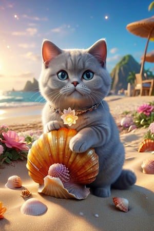 we see the DETAILED enchanted lovely terrace on the beach with great view to the sea night time, DETAILED ENCHANTED fluffy tiny FUNNY BRITISH SHORTHAIR CAT sitting on the beach next to an enchanted flower and a magical opened shell, airborne dust particles around. Modifiers: Unreal Engine, magical, Coby Whitmore, midjourney, Astounding, outstanding, otherwordliness, cute illustration, cuteaesthetic, Coby Whitmore style, highly intricate, whimsical, 4K 3D, stunning color depth, cute illustration, Coby Whitmore ART style

