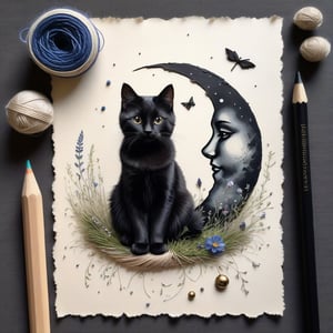 ((ultra realistic photo)), artistic sketch art, Make a little pencil sketch of a cute BLACK CAT on an old TORN EDGE paper , art, textures, pure perfection, high definition, feather around, TINY DELICATE FLOWERS, ball of yarn, TALISMAN, grass fiber on the paper,tiny MOON, MOONLIGHT, DELICATE MUSHROOM, KEY, BROOM, CAULDRON, RUG FIBER,DETAILED RUNIC TEXT, detailed calligraphy texts, tiny delicate drawings