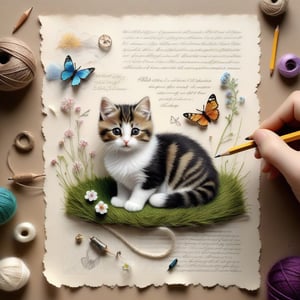 ((ultra realistic photo)), artistic sketch art, Make a little pencil sketch of a cute TINY CAT on an old TORN EDGE paper , art, textures, pure perfection, high definition, feather around, TINY DELICATE FLOWERS, ball of yarn, cushion, grass fiber on the paper,tiny yarn fibers, Sunbeam, butterfly, tiny cat toys, detailed calligraphy texts, tiny delicate drawings