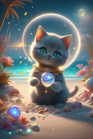 we see the DETAILED enchanted lovely terrace on the beach with great view to the sea night time, DETAILED ELEGANT BRITISH SHORTHAIR kitten playing with a ball on the beach next to an enchanted flower and a magical opened shell with pearl inside, airborne dust particles around. Modifiers: Unreal Engine, magical, Coby Whitmore, midjourney, Astounding, outstanding, otherwordliness, cute illustration, cuteaesthetic, Coby Whitmore style, highly intricate, whimsical, 4K 3D, stunning color depth, cute illustration, Coby Whitmore ART style