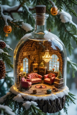 A shabby, miniature lovely the Grinch's living-room with beautiful, detailed shabby chic furnitures are trapped inside a huge whiskey bottle that rests on the snowy winter time pinebranch . A little glitter puff winds through the room, connecting the furnitures. The bottle emits a magical glow, and the neat illustration captures the fantasy and charm of this miniature living-room. The scene feels cozy and enchanted, as if the bottle contains an entire universe hidden away in the tree’s embrace.. The atmosphere is filled with laughter and lighthearted Halloween spirit.