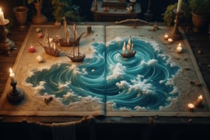 A detailed, magical, handwritten antique map placed on a rustic wooden table. Small, finely drawn sailing ships float on the map’s enchanted clear water ocean, which is swirling waving with glowing, magical clear blue water. A single, dim candle burns beside the map, casting flickering shadows, enhancing the mystical atmosphere. The sea on the map appears alive, its waves shimmering with arcane light, as if holding ancient secrets. The entire scene feels like a portal to a magical, forgotten world. Some dust particles that twinkle in the light, creating a magical ambiance, enhancing the magical atmosphere.