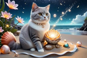 we see the DETAILED enchanted lovely terrace on the beach with great view to the sea night time, DETAILED ELEGANT BRITISH SHORTHAIR CAT sitting on the beach next to an enchanted flower and a magical opened shell with pearl inside, airborne dust particles around. Modifiers: Unreal Engine, magical, Coby Whitmore, midjourney, Astounding, outstanding, otherwordliness, cute illustration, cuteaesthetic, Coby Whitmore style, highly intricate, whimsical, 4K 3D, stunning color depth, cute illustration, Coby Whitmore ART style

