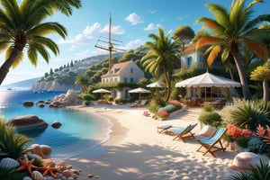 A serene NIzza beach scene unfolds before us. Little apartman house with terrace. Soft white sand stretches beneath the gentle sway of trees, while a family plays and laughs together and sunbathe. In the distance, a majestic sailing ship glides across the calm sea, its sails billowing in the breeze. Blankets scatter the shore, topped with tiny treasures: delicate sea-shells and starfish. The highly detailed landscape, reminiscent of Jean-Jacques Sempé's whimsical illustrations from Petit Nicolas, comes to life in PASTEL SHADES.,3D, score_9_up