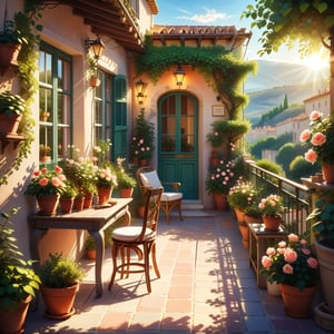 a miniature scene of a magical PROVENCE BALCONY with many potted plants and chairs, plants and terrace, summer morning light, beautiful terrace, garden at home, summer EVENING light, brilliant EVENING light, afternoon light, afternoon sun, garden environment, cozy place, lush flowers outdoors, afternoon light, ivy, bonsai, roses, table, stool, 