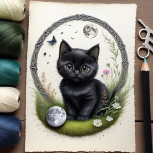 ((ultra realistic photo)), artistic sketch art, Make a little pencil sketch of a CUTE BLACK CAT on an old TORN EDGE paper ON THE GRASS , art, textures, pure perfection, high definition, feather around, DELICATE FLOWERS, ball of yarn, SILVER COIN, grass fiber on the paper, LITTLE MOON, MOONLIGHT, TINY MUSHROOM, SPIDERWEB, GEM, MOSS FIBER, TEA LEAF , TEALIGHT, DELICATE CELTIC ORNAMENT, BUNCH OF KEYS, detailed calligraphy text, tiny delicate drawings,BookScenic