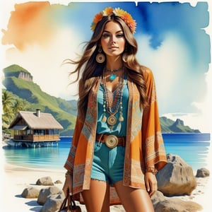 young girl , lazy long hair style, beautiful eyes, long legs, Bora-bora sunny  bay (full body shot, '60s hippie style outfit).Modifiers:modern colorful illustration style VINTAGE fashion illustration, by Coby Whitmore, Haddon Sundblom, VINTAGE 1960s hippie boho fashion illustration, whimsical style, intricately textured and detailed, Pomological Watercolor, depth of field, ultra quality ,ink art, transparent fading , shadow play, high colour contrast,watercolor,HZ Steampunk