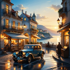  Old village on the sea golden hour time, nice view, an old vintage car on the road, a little coffee shop, Jean-Baptiste Monge, Kukharskiy Igor, Thomas wells schaller style, ghostly, Nizza