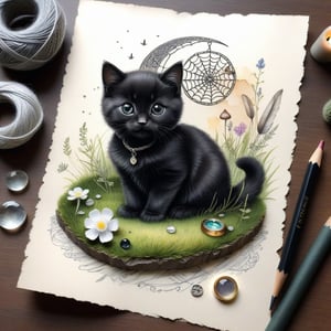 ((ultra realistic photo)), artistic sketch art, Make a little pencil sketch of a CUTE BLACK CAT on an old TORN EDGE paper ON THE GRASS , art, textures, pure perfection, high definition, feather around, DELICATE FLOWERS, ball of yarn, SILVER COIN, grass fiber on the paper, LITTLE MOON, MOONLIGHT, TINY MUSHROOM, SPIDERWEB, GEM, MOSS FIBER, TEA LEAF , TEALIGHT, DELICATE CELTIC ORNAMENT, BUNCH OF KEYS, detailed calligraphy text, tiny delicate drawings,BookScenic