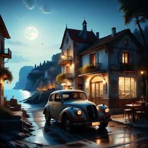 Old village on the sea night time, nice view, an old vintage car on the road, a little coffee shop, Jean-Baptiste Monge, Kukharskiy Igor, Thomas wells schaller style, ghostly, Nizza, summer,island
