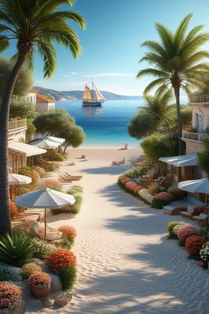 A serene NIzza beach scene unfolds before us. Little apartman house with terrace. Soft white sand stretches beneath the gentle sway of trees, while a family plays and laughs together and sunbathe. In the distance, a majestic sailing ship glides across the calm sea, its sails billowing in the breeze. Blankets scatter the shore, topped with tiny treasures: delicate sea-shells and starfish. The highly detailed landscape, reminiscent of Jean-Jacques Sempé's whimsical illustrations from Petit Nicolas, comes to life in PASTEL SHADES.,3dmdt1,3D, ,Sexy Toon,3D MODEL,christmas,edgeofthetoonin3d,3d