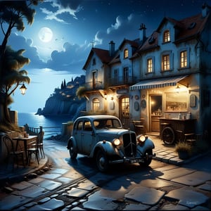 Old village on the sea night time, nice view, an old vintage car on the road, a little coffee shop, Jean-Baptiste Monge, Kukharskiy Igor, Thomas wells schaller style, ghostly, Nizza, summer,island,DonM3lv3nM4g1cXL,stworki,style,Apoloniasxmasbox,DonMD0n7P4n1cXL