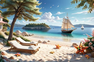 A serene NIzza beach scene unfolds before us. Little apartman house with terrace. Soft white sand stretches beneath the gentle sway of trees, while a family plays and laughs together and sunbathe. In the distance, a majestic sailing ship glides across the calm sea, its sails billowing in the breeze. Blankets scatter the shore, topped with tiny treasures: delicate sea-shells and starfish. The highly detailed landscape, reminiscent of Jean-Jacques Sempé's whimsical illustrations from Petit Nicolas, comes to life in PASTEL SHADES.,3D, score_9_up,3d toon style,realistic,LegendDarkFantasy,Movie Poster,DonM3lv3nM4g1cXL,DonMW15pXL,DonMD0n7P4n1cXL,island