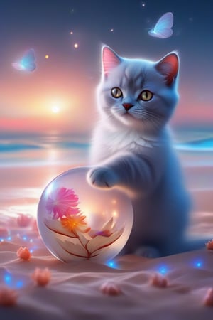 we see the DETAILED enchanted lovely terrace on the beach with great view to the sea night time, DETAILED ELEGANT BRITISH SHORTHAIR kitten playing with a ball on the beach next to an enchanted flower and a magical opened shell with pearl inside, airborne dust particles around. Modifiers: Unreal Engine, magical, Coby Whitmore, midjourney, Astounding, outstanding, otherwordliness, cute illustration, cuteaesthetic, Coby Whitmore style, highly intricate, whimsical, 4K 3D, stunning color depth, cute illustration, Coby Whitmore ART style