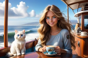 tall skinny lovely explorer woman, long shiny hair, wide-blue eyes, cute face, little smile, sitting with cup of coffee in front of a lovely surfer deck, great view to the lovely beautiful Los angeles sea shore., little sailing ship , great blue sky with ruffled little white clouds, one cute persian cat with the girl. the atmosphere of chaotic fun!, style Donna Gelsing