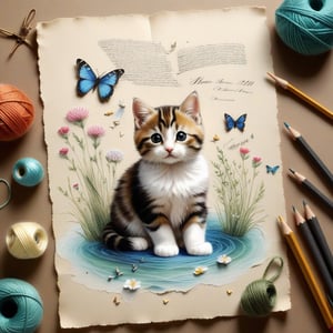 ((ultra realistic photo)), artistic sketch art, Make a little pencil sketch of a cute CAT on an old TORN EDGE paper , art, textures, pure perfection, high definition, feather around, TINY DELICATE FLOWERS, ball of yarn, cushion, grass fiber on the paper,tiny yarn fibers, Sunbeam, butterfly, tiny cat toys, detailed calligraphy texts, tiny delicate drawings,underwater