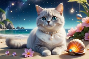 we see the DETAILED enchanted lovely terrace on the beach with great view to the sea night time, DETAILED ELEGANT BRITISH SHORTHAIR CAT sitting on the beach next to an enchanted flower and a magical opened shell with pearl inside, airborne dust particles around. Modifiers: Unreal Engine, magical, Coby Whitmore, midjourney, Astounding, outstanding, otherwordliness, cute illustration, cuteaesthetic, Coby Whitmore style, highly intricate, whimsical, 4K 3D, stunning color depth, cute illustration, Coby Whitmore ART style

