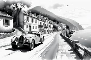  ((ultra ARTISTIC sketch)), (artistic sketch art), Make a 3d DETAILED old torn edge paper  a detailed Sketch on the paper about an Old village on the sea night time, nice view, a vintage Bugatti  T35 typ car on the road, a little coffee shop, Jean-Baptiste Monge, Kukharskiy Igor, Thomas wells schaller style, ghostly,scenery, Nazar Noschenko