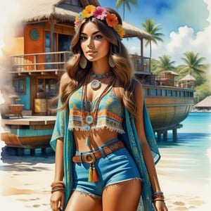 young girl , lazy long hair style, beautiful eyes, long legs, Bora-bora sunny  bay (full body shot, '60s hippie style outfit).Modifiers:modern colorful illustration style VINTAGE fashion illustration, by Coby Whitmore, Haddon Sundblom, VINTAGE 1960s hippie boho fashion illustration, whimsical style, intricately textured and detailed, Pomological Watercolor, depth of field, ultra quality ,ink art, transparent fading , shadow play, high colour contrast,watercolor,HZ Steampunk