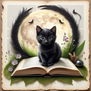((ultra realistic photo)), artistic sketch art, Make a little pencil sketch of a CUTE BLACK CAT on an old TORN EDGE BOOK PAGE , art, textures, pure perfection, high definition, feather around, DELICATE FLOWERS, ball of yarn, SHINY COIN, grass fiber on the paper, LITTLE MOON, MOONLIGHT, TINY MUSHROOM, SPIDERWEB, GEM, MOSS FIBER, TEA LEAF , TEALIGHT, DELICATE CELTIC ORNAMENT, BUNCH OF KEYS, detailed calligraphy text, tiny delicate drawings,BookScenic
