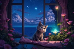 A detailed enchanted balcony scene at night, where a beautifully crafted balcony offers a mesmerizing view of the tranquil sea under the starry sky. A tiny, fluffy, and funny Cheshire Cat SMILING with expressive eyes stands next to an enchanted flower that softly glows, illuminating the cat’s fur. Airborne dust particles float around, catching the light and adding a touch of magic to the air. The cat’s pose is playful, as if it’s interacting with the flower. The image blends realism with a fairy-tale-like charm, creating a peaceful and magical atmosphere.