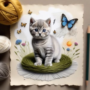 ((ultra realistic photo)), artistic sketch art, Make a little pencil sketch of a cute TINY BRITISH shorthaired CAT on an old TORN EDGE paper , art, textures, pure perfection, high definition, feather around, TINY DELICATE FLOWERS, ball of yarn, cushion, grass fiber on the paper,tiny yarn fibers, Sun beam, butterfly, tiny sun, tiny cat toys, detailed calligraphy texts, tiny delicate drawings