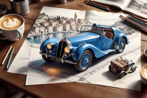  ((ultra ARTISTIC sketch)), (artistic sketch art), Make a 3d DETAILED old torn edge paper on the desk, a detailed Sketch on the paper about a little Old mediterranean village on the sea midnight time, nice view, a vintage Bugatti  T35 typ car on the road, a little coffee shop, Jean-Baptiste Monge, Kukharskiy Igor, Thomas wells schaller style, ghostly,scenery, Nazar Noschenko