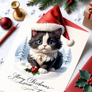 a beautifully decorated calligraphic handwritten CHRISTMAS style letter, with beautiful handwriting, wax seal, anatomically correct cute cat pencil sketch decorate the letter, snow piles on the letter, christmas decorations around the letter, christmas decorations on the letter,InkyCapWitchyHat