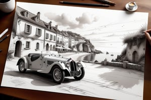  ((ultra ARTISTIC sketch)), (artistic sketch art), Make a 3d DETAILED old torn edge paper on the desk, a detailed Sketch on the paper about an Old village on the sea night time, nice view, a vintage Bugatti  T35 typ car on the road, a little coffee shop, Jean-Baptiste Monge, Kukharskiy Igor, Thomas wells schaller style, ghostly,scenery, Nazar Noschenko