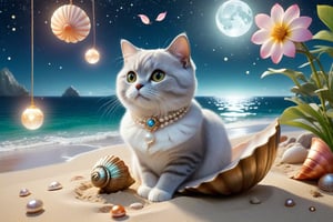 we see the DETAILED enchanted lovely terrace on the beach with great view to the sea night time, DETAILED ELEGANT BRITISH SHORTHAIR CAT sitting on the beach next to an enchanted flower and a magical opened shell with pearl inside, airborne dust particles around. Modifiers: Unreal Engine, magical, Coby Whitmore, midjourney, Astounding, outstanding, otherwordliness, cute illustration, cuteaesthetic, Coby Whitmore style, highly intricate, whimsical, 4K 3D, stunning color depth, cute illustration, Coby Whitmore ART style

